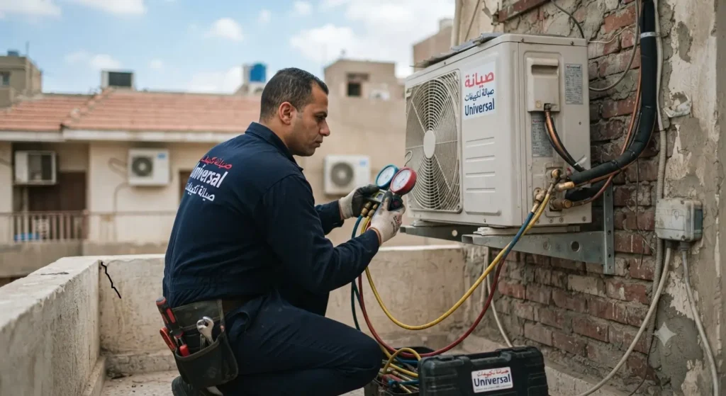 صورة توضيحية حول فني صيانة تكييفات يقوم بفحص ضغط الفريون للوحدة الخارجية