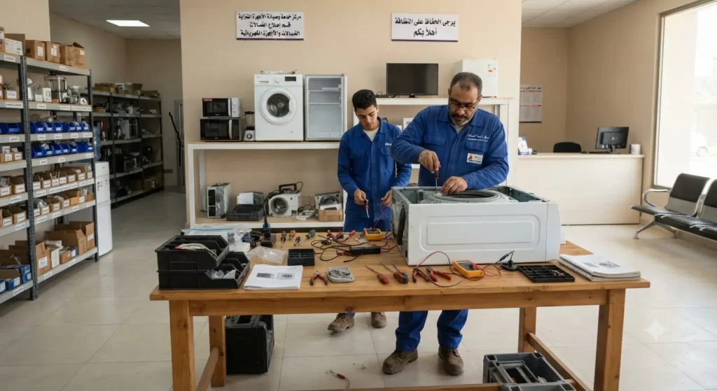 صورة توضيحية حول مركز صيانة يونيفرسال بمصر، مع وجود فنيين يقومون باعمال فحص اعطال الاجهزة
